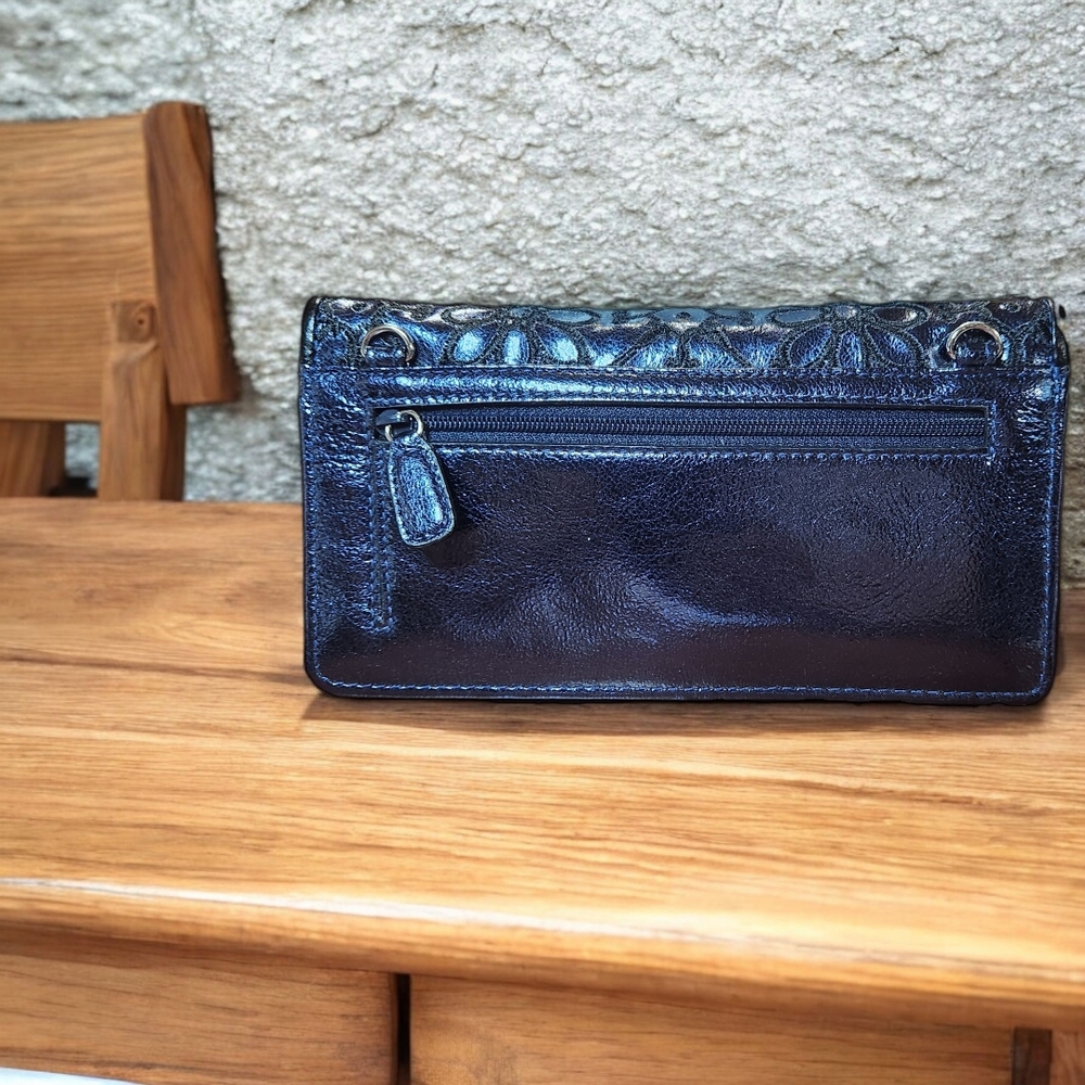 **Brighton Sapphire/Black Metalic Valencia Leather Large Crossbody Wallet - Picture 3 of 5